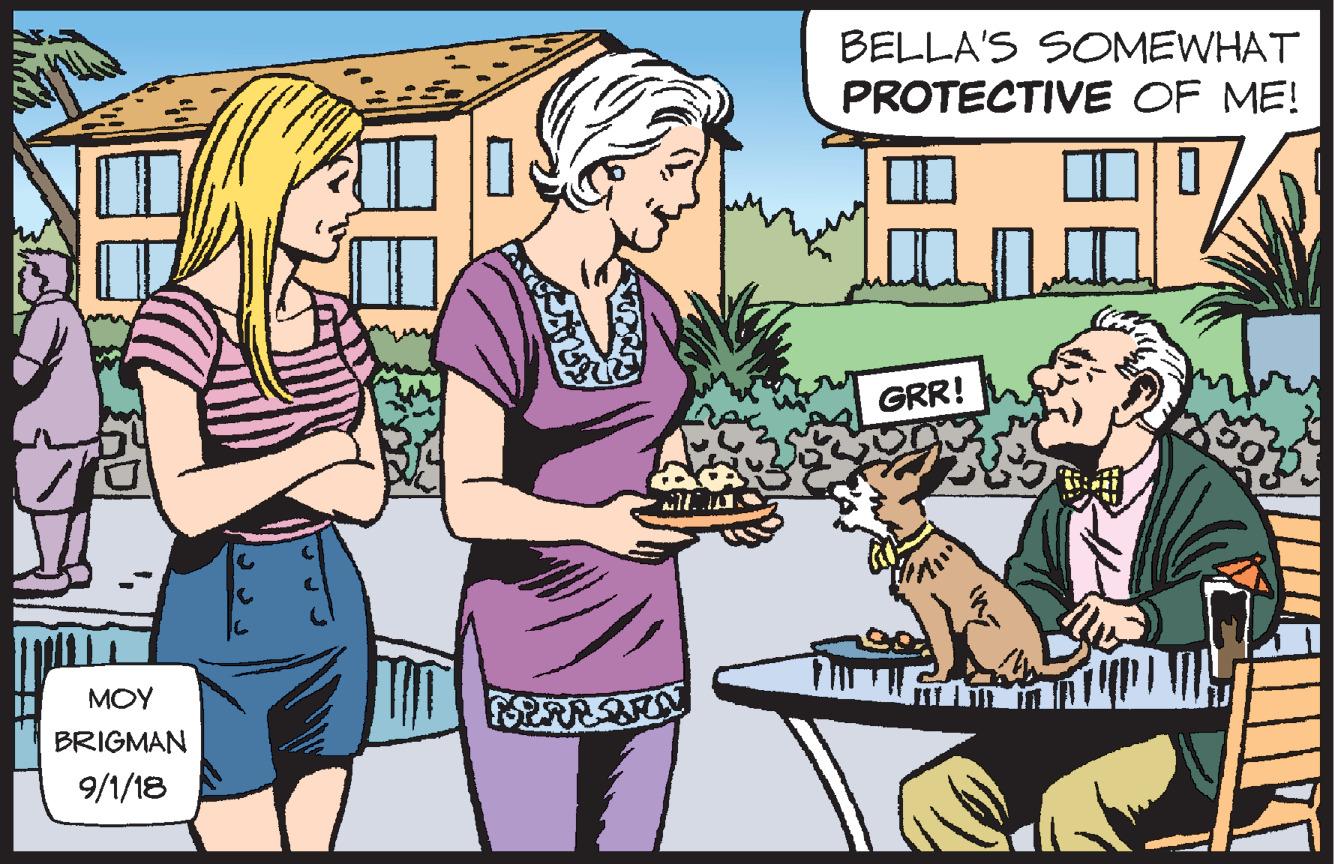 Painting OCR: BELLA'S SOMEWHAT PROTECTIVE OF ME! GRR! MOY BRIGMAN 9/1/18 BELLA'S SOMEWHAT PROTECTIVE OF ME! GRR! MOY BRIGMAN 9/1/18