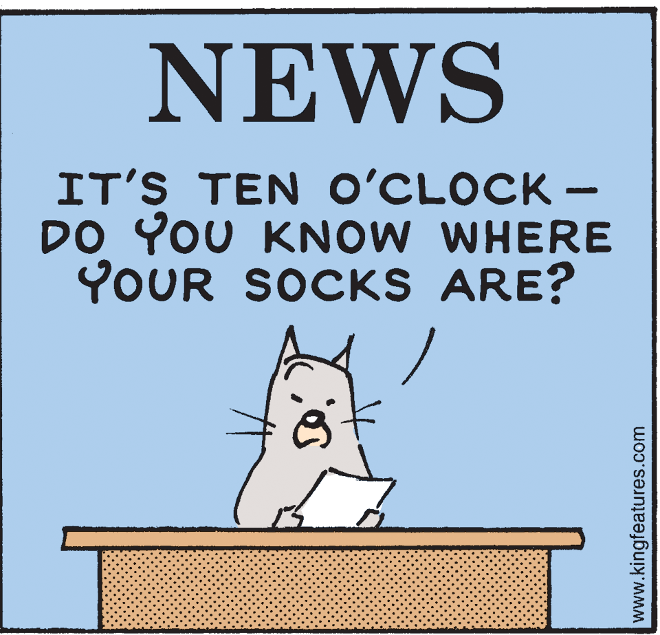 Happy OCR: NEWS IT'S TEN O'CLOCK - DO YOU KNOW WHERE YOUR SOCKS ARE? www.kingfeatures.com NEWS IT'S TEN O'CLOCK - DO YOU KNOW WHERE YOUR SOCKS ARE? www.kingfeatures.com