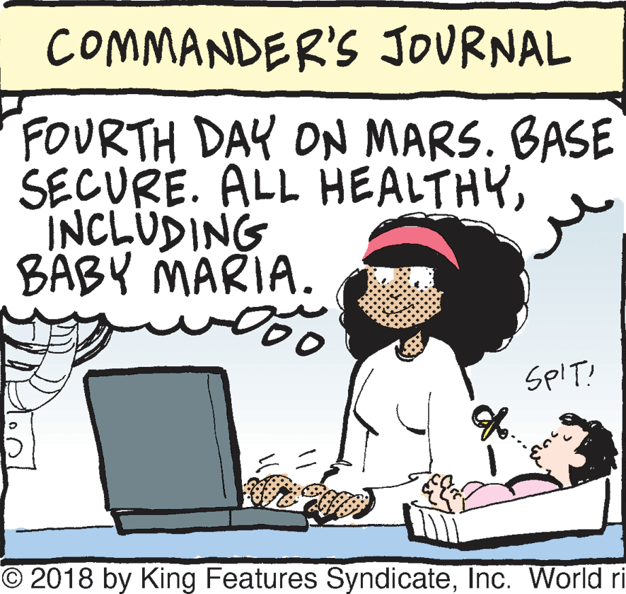 Sharing OCR: COMMANDER'S JOURNAL FOURTH DAY ON MARS. BASE SECURE. ALL HEALTHYINCLUDING BABY MARIA. SpIT! O 2018 by King Features SyndicateInc. World ri COMMANDER'S JOURNAL FOURTH DAY ON MARS. BASE SECURE. ALL HEALTHYINCLUDING BABY MARIA. SpIT! O 2018 by King Features SyndicateInc. World ri