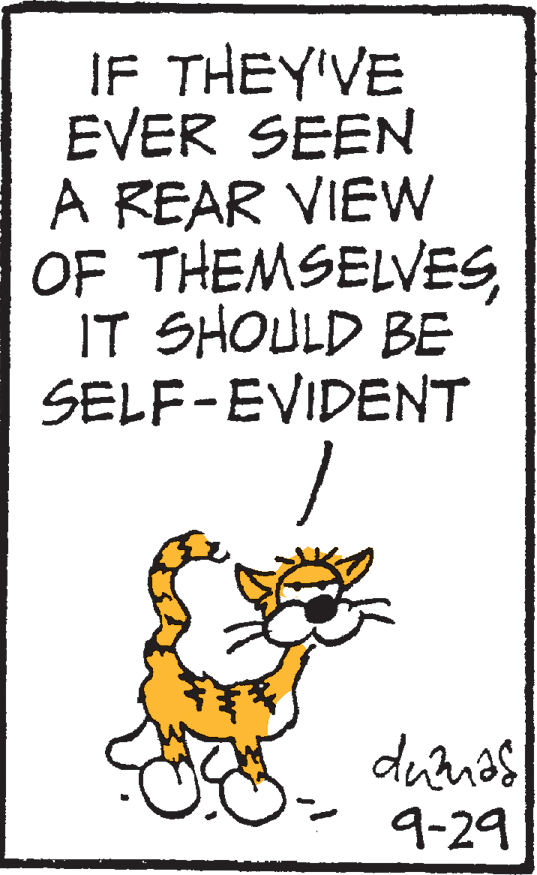 Felidae OCR: IF THEY'VE EVER SEEN A REAR VIEW OF THEMSELVESIT SHOULD BE SELF-EVIDENT 9-29 IF THEY'VE EVER SEEN A REAR VIEW OF THEMSELVESIT SHOULD BE SELF-EVIDENT 9-29