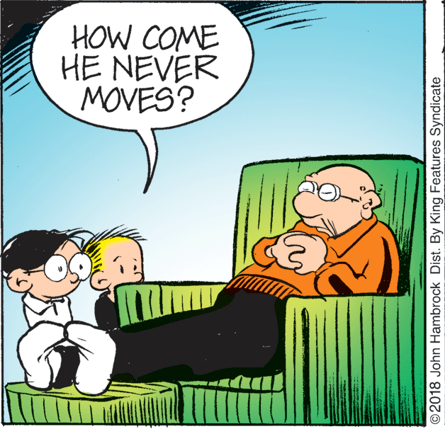 Happy OCR: HOW COME HE NEVER MOVES? ©2018 John Hambrock Dist. By King Features Syndicate HOW COME HE NEVER MOVES? ©2018 John Hambrock Dist. By King Features Syndicate