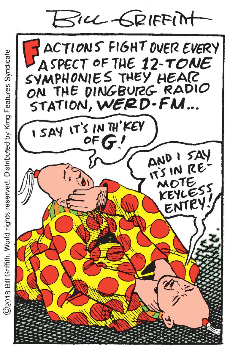 Handwriting OCR: Bru GRIFFint GACTIONS FIGHT OVER EVERY ASPECT OF THE 12-TONE SYMPHONIES THEY HEAR ON THE DINGBURG RADIO STATIONWERD-FM... I SAY IT'S IN TH'KEY OF G! AND I SAY IT'S IN RE- MOTE KEYLESS ENTRY! ©2018 Bill Griffith. World rights reserved. Distnbuted by King Features Syndicate Bru GRIFFint GACTIONS FIGHT OVER EVERY ASPECT OF THE 12-TONE SYMPHONIES THEY HEAR ON THE DINGBURG RADIO STATIONWERD-FM... I SAY IT'S IN TH'KEY OF G! AND I SAY IT'S IN RE- MOTE KEYLESS ENTRY! ©2018 Bill Griffith. World rights reserved. Distnbuted by King Features Syndicate