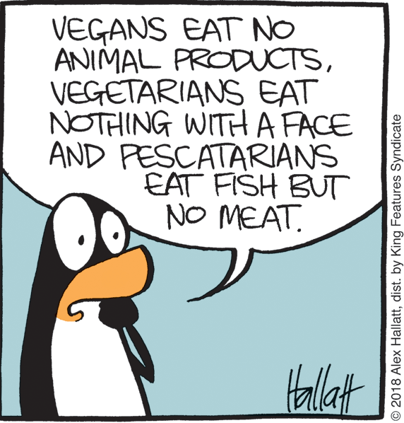 geese and swans OCR: VEGANS EAT NO ANIMAL PRODUCTSVEGETARIANS EAT NOTHING WITHA FACE AND PESCATARIANS EAT FISH BUT NO MEAT. Halat © 2018 Alex Hallattdist. by King Features Syndicate VEGANS EAT NO ANIMAL PRODUCTSVEGETARIANS EAT NOTHING WITHA FACE AND PESCATARIANS EAT FISH BUT NO MEAT. Halat © 2018 Alex Hallattdist. by King Features Syndicate