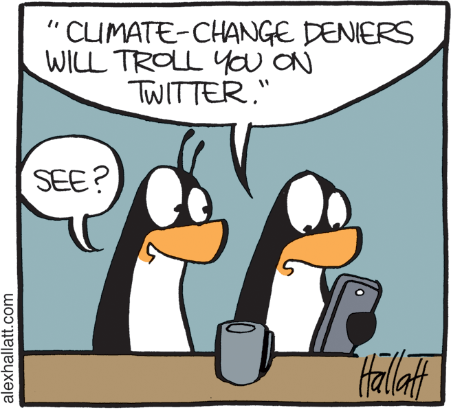 Water bird OCR: CIMATE-CHANGE DENIERS WILL TROLL ou ON TWITTER." SEE? alexhallatt.com CIMATE-CHANGE DENIERS WILL TROLL ou ON TWITTER." SEE? alexhallatt.com