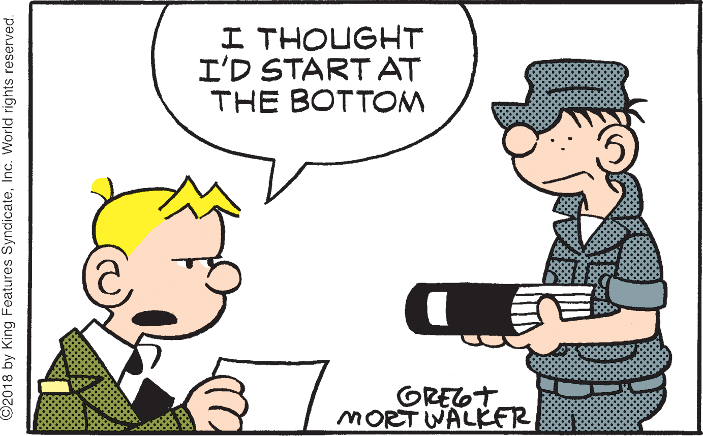 Line OCR: I THOUGHT I'D START AT THE BOTTOM GREGT MORT WALKER ©2018 by King Features SyndicateInc. World rights reserved. I THOUGHT I'D START AT THE BOTTOM GREGT MORT WALKER ©2018 by King Features SyndicateInc. World rights reserved.
