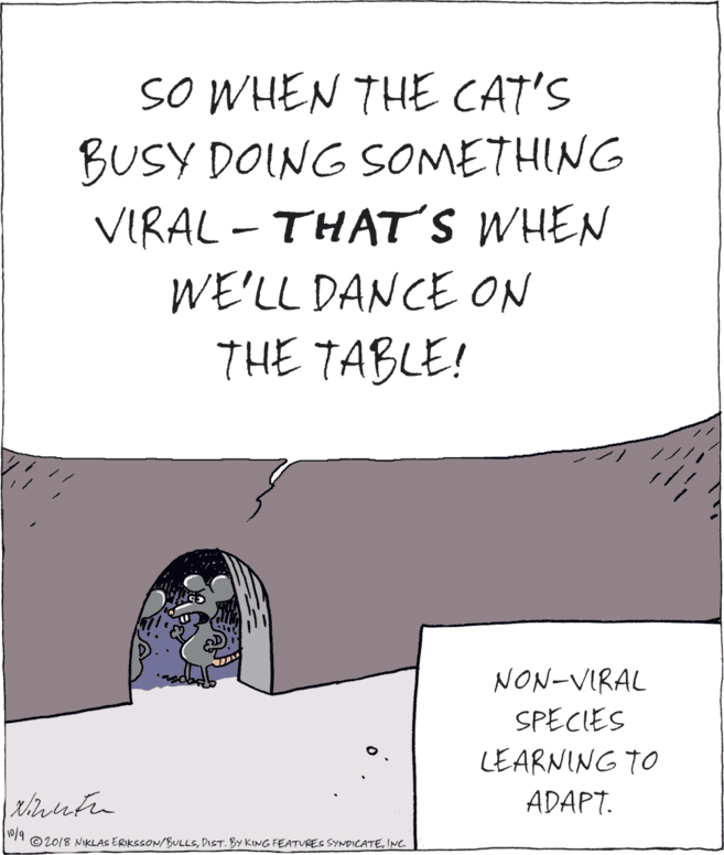 Drawing OCR: SO WHEN THE CAT'S BUSY DOING SOMETHING VIRAL - THAT'S WHEN WE'LL DANCE ON THE TABLE! NON-VIRAL SPECIES LEARNING TO ADAPT. ©2018 NIKLAC ERIKSSON/BULLSINC. SO WHEN THE CAT'S BUSY DOING SOMETHING VIRAL - THAT'S WHEN WE'LL DANCE ON THE TABLE! NON-VIRAL SPECIES LEARNING TO ADAPT. ©2018 NIKLAC ERIKSSON/BULLSDIST. BY KING FEATURES SYNDICATE
