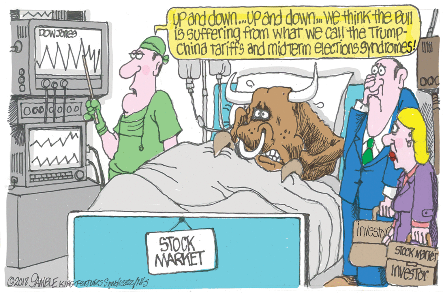 Humour OCR: Upand down..upand down We think the BUII iS SUffering from what we call the Trump- China Tariffs and midterm elections syndiomes! N www 000d000 investor STOCK MARKET STOCK MBCHES InvesTor Upand down..upand down We think the BUII iS SUffering from what we call the Trump- China Tariffs and midterm elections syndiomes! N www 000d000 investor STOCK MARKET STOCK MBCHES InvesTor