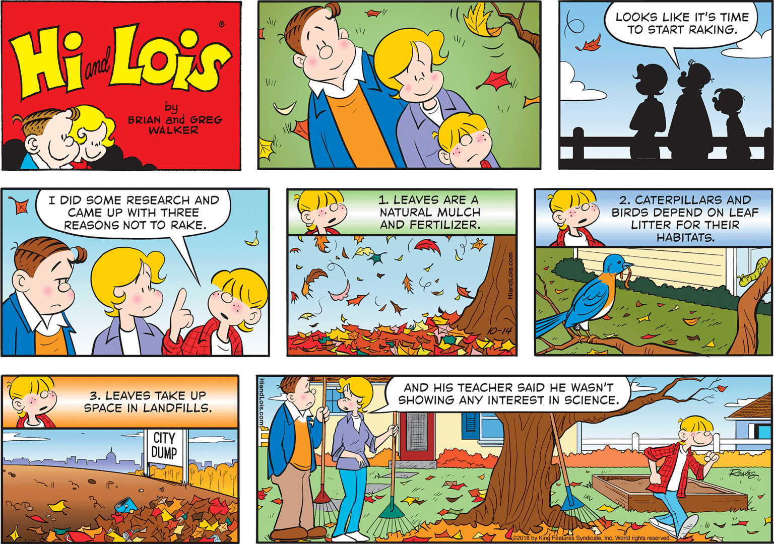 Sharing OCR: LOOKS LIKE IT'S TIME TO START RAKING. Hi Lois and by BRIAN and GREG WALKER I DID SOME RESEARCH AND CAME UP WITH THREE REASONS NOT TO RAKE. 1. LEAVES ARE A NATURAL MULCH AND FERTILIZER. 2. CATERPILLARS AND BIRDS DEPEND ON LEAF LITTER FOR THEIR HABITATS. 3. LEAVES TAKE UP SPACE IN LANDFILLS. AND HIS TEACHER SAID HE WASN'T SHOWING ANY INTEREST IN SCIENCE. CITY DUMP SyndicateInc. World rights reserved LOOKS LIKE IT'S TIME TO START RAKING. Hi Lois and by BRIAN and GREG WALKER I DID SOME RESEARCH AND CAME UP WITH THREE REASONS NOT TO RAKE. 1. LEAVES ARE A NATURAL MULCH AND FERTILIZER. 2. CATERPILLARS AND BIRDS DEPEND ON LEAF LITTER FOR THEIR HABITATS. 3. LEAVES TAKE UP SPACE IN LANDFILLS. AND HIS TEACHER SAID HE WASN'T SHOWING ANY INTEREST IN SCIENCE. CITY DUMP SyndicateInc. World rights reserved
