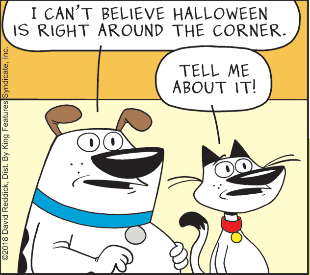 Sharing OCR: I CAN'T BELIEVE HALLOWEEN IS RIGHT AROUND THE CORNER. TELL ME ABOUT IT! 00 ©2018 David ReddickInc. I CAN'T BELIEVE HALLOWEEN IS RIGHT AROUND THE CORNER. TELL ME ABOUT IT! 00 ©2018 David ReddickDist. By King Features Syndicate