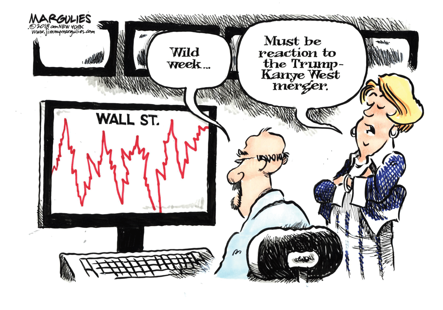 Peripheral OCR: MARGULIES Oi018 AMNBW YORK www.jimmynargulies.com Must be reaction to the Trump- Kanye West mérger. Wild week. WALL ST. MARGULIES Oi018 AMNBW YORK www.jimmynargulies.com Must be reaction to the Trump- Kanye West mérger. Wild week. WALL ST.