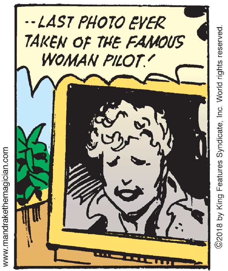 Line art OCR: --LAST PHOTO EVER TAKEN OF THE FAMOUS WOMAN PILOT. www.mandrakethemagician.com ©2018 by King Features SyndicateInc. World rights reserved. --LAST PHOTO EVER TAKEN OF THE FAMOUS WOMAN PILOT. www.mandrakethemagician.com ©2018 by King Features SyndicateInc. World rights reserved.
