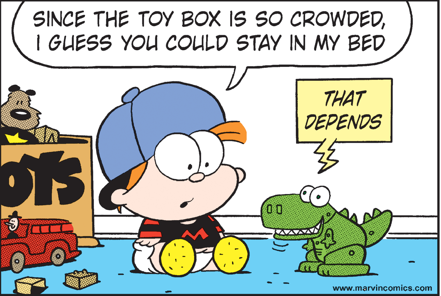Rectangle OCR: SINCE THE TOY BOX IS SO CROWDEDI GUESS YOU COULD STAY IN MY BED THAT DEPENDS 00 www.marvincomics.com SINCE THE TOY BOX IS SO CROWDEDI GUESS YOU COULD STAY IN MY BED THAT DEPENDS 00 www.marvincomics.com