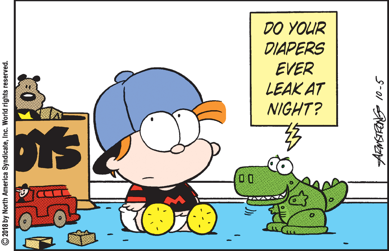 Fictional character OCR: DO YOUR DIAPERS EVER LEAK AT NIGHT? © 2018 by North America SyndicateInc. World rights reserved. DO YOUR DIAPERS EVER LEAK AT NIGHT? © 2018 by North America SyndicateInc. World rights reserved.