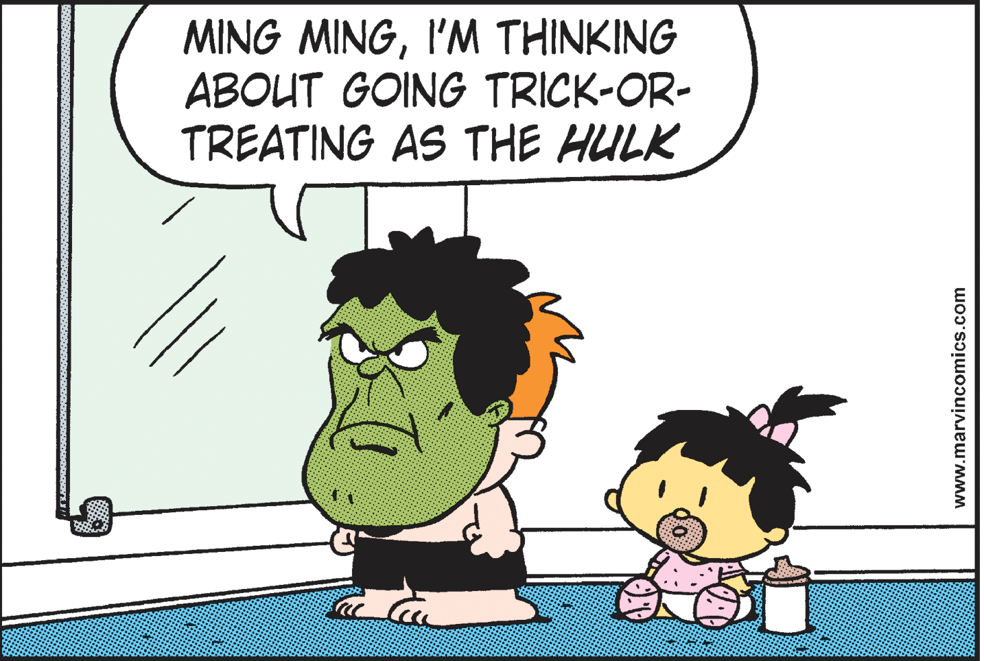 Rectangle OCR: MING MINGI'M THINKING ABOUT GOING TRICK-OR- TREATING AS THE HULK www.marvincomics.com MING MINGI'M THINKING ABOUT GOING TRICK-OR- TREATING AS THE HULK www.marvincomics.com