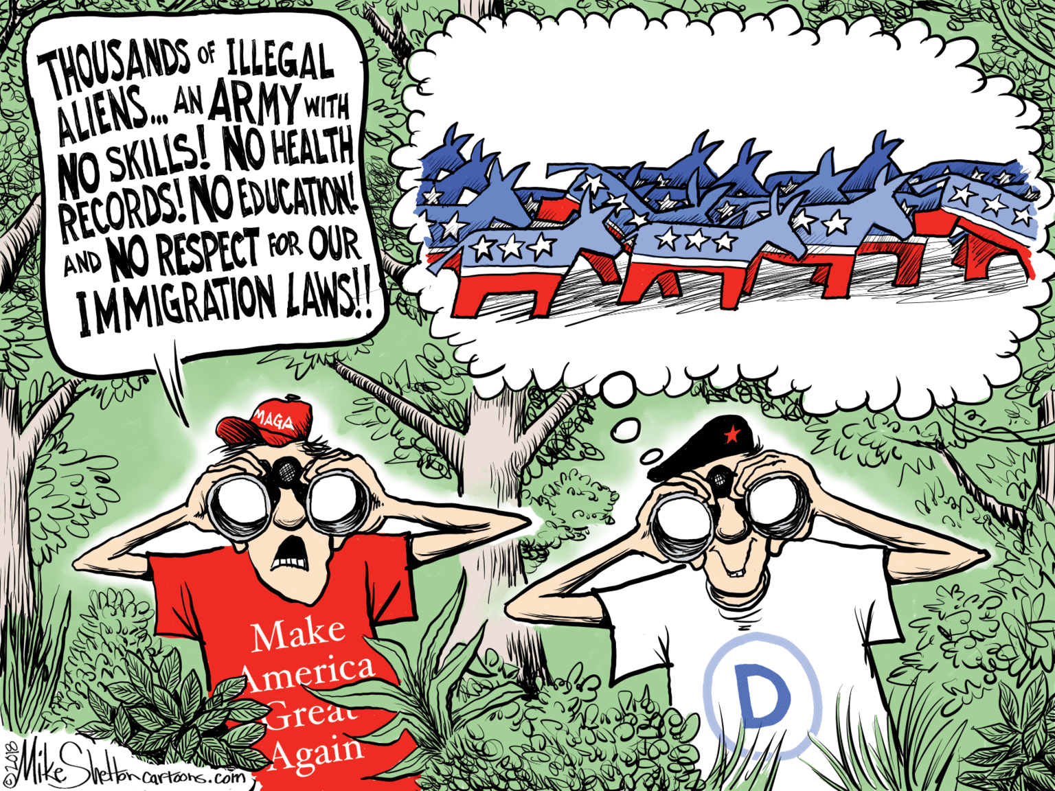Humour OCR: THOUSANDS of ILLEGAL ALIENS. AN ARMYWITA NO SKILLS! NO HEALTH RECORDS! NO EDUCATION AND NO RESPECT FOR OUR IMMIGRATION LAWS! MAGA Make America Great Again uetbncartoons.com THOUSANDS of ILLEGAL ALIENS. AN ARMYWITA NO SKILLS! NO HEALTH RECORDS! NO EDUCATION AND NO RESPECT FOR OUR IMMIGRATION LAWS! MAGA Make America Great Again uetbncartoons.com