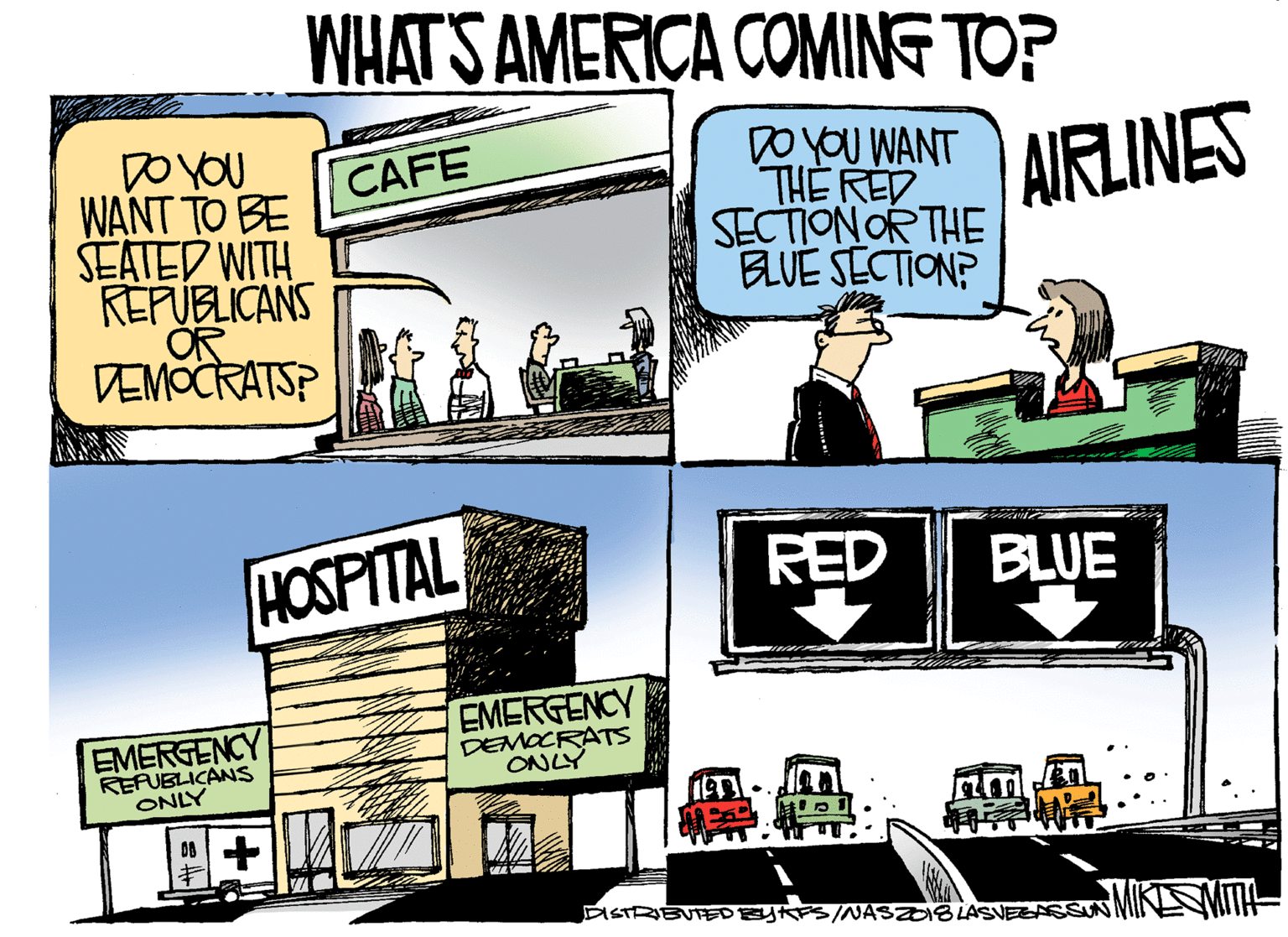 Conversation OCR: WHATS AMERICA COMING TOP DO YOU WANT TO BE SEATED WITH REPUBLICANS OR DEMOCRATSP DO YOU WANT THE RED SECTION OR THE BLUE SECTION? CAFE AIRLINES HOSPITAL RED BLUE EMERGENCY REFUBLICANS ONLY EMERGENCY DEMOCRATS ONLY ?: ? DISTRIBUTEDEYAFS/NASZO8 LASVEEASSUN MITH WHATS AMERICA COMING TOP DO YOU WANT TO BE SEATED WITH REPUBLICANS OR DEMOCRATSP DO YOU WANT THE RED SECTION OR THE BLUE SECTION? CAFE AIRLINES HOSPITAL RED BLUE EMERGENCY REFUBLICANS ONLY EMERGENCY DEMOCRATS ONLY ? : ? DISTRIBUTEDEYAFS/NASZO8 LASVEEASSUN MITH