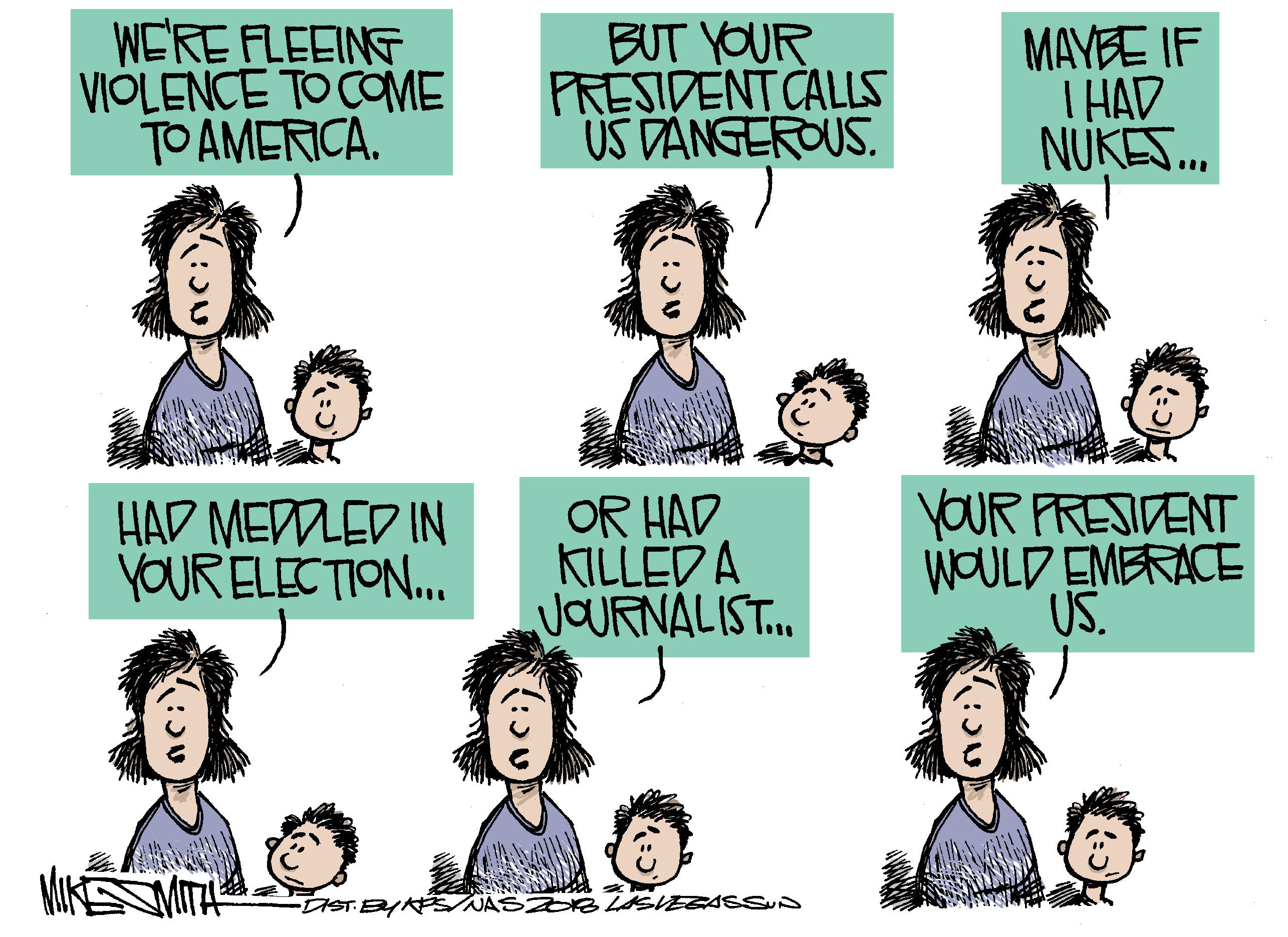Human OCR: WE'RE FLEEING VIÓLENCE TO COME TO AMERICA. BUT YOUR PRESIDENT CALLS US DANGEROUS. MAYBE IF I HAD NUKES. HAD MEDDLED IN YOUR ELECTION... OR HAD KILLEDA JOURNALIST.. YOUR FRESIDENT WOULD EMBRACE US. MITH TEASSUD WE'RE FLEEING VIÓLENCE TO COME TO AMERICA. BUT YOUR PRESIDENT CALLS US DANGEROUS. MAYBE IF I HAD NUKES. HAD MEDDLED IN YOUR ELECTION... OR HAD KILLEDA JOURNALIST.. YOUR FRESIDENT WOULD EMBRACE US. MITH TEASSUD
