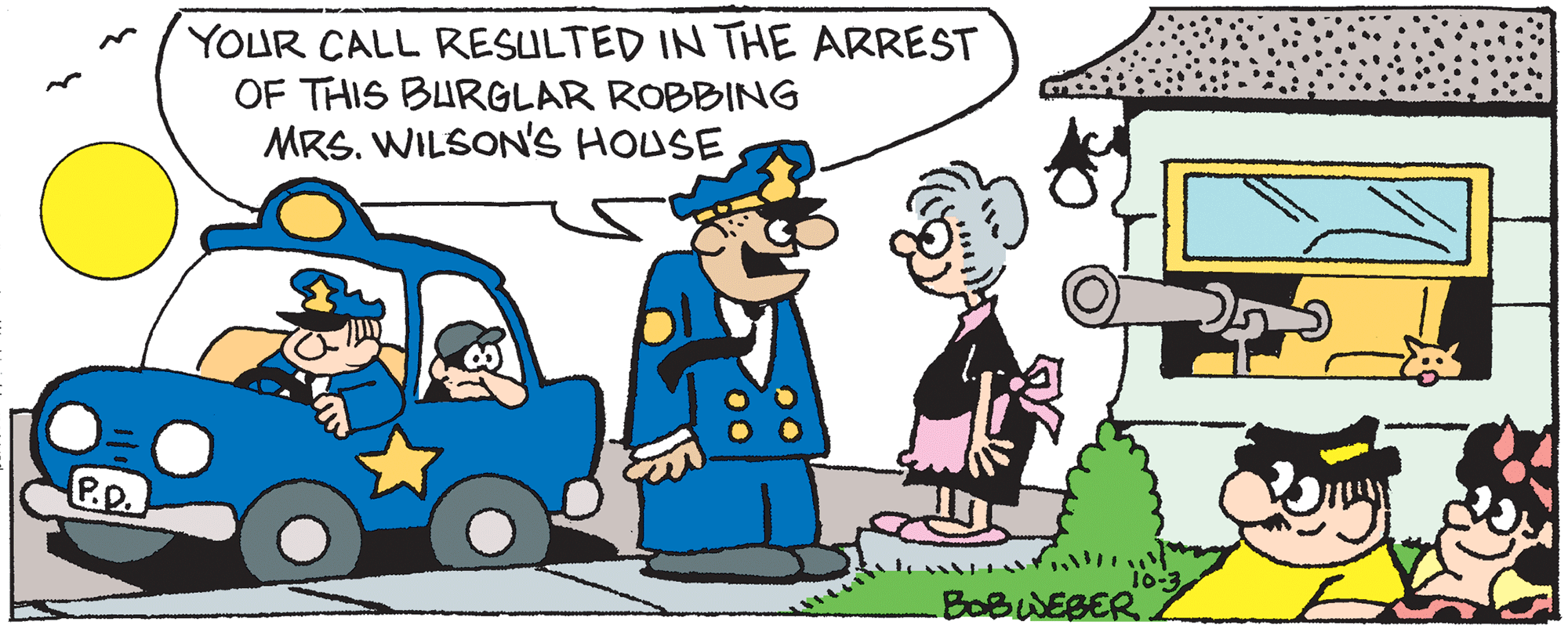 Gesture OCR: YOUR CALL RESULTED IN THE ARREST OF THIS BURGLAR ROBBING MRS. WILSON'S HOUSE P.p. 10-3 BOBWEBER YOUR CALL RESULTED IN THE ARREST OF THIS BURGLAR ROBBING MRS. WILSON'S HOUSE P.p. 10-3 BOBWEBER