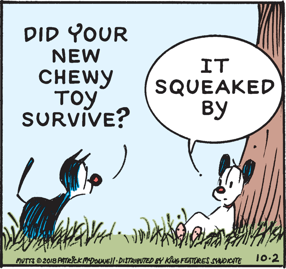 Poster OCR: DID YOUR NEW CHEWY ??? SURVIVE? IT SQUEAKED ?? MUTTS 2018 PATRICK MEDONNEll DISTRIBUTED BY KING FEATORES SYUDICATE 10.2 DID YOUR NEW CHEWY ??? SURVIVE? IT SQUEAKED ?? MUTTS 2018 PATRICK MEDONNEll DISTRIBUTED BY KING FEATORES SYUDICATE 10.2