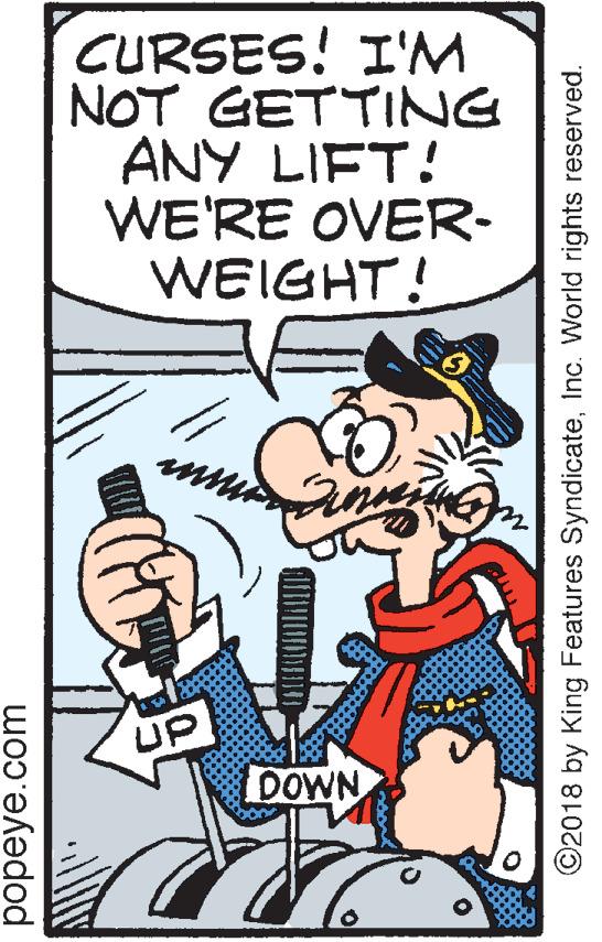 Drawing OCR: CURSES! I'M NOT GETTING ANY LIFT! WE'RE OVER- WEIGHT! UP DOWN popeye.com ©2018 by King Features SyndicateInc. World rights reserved. CURSES! I'M NOT GETTING ANY LIFT! WE'RE OVER- WEIGHT! UP DOWN popeye.com ©2018 by King Features SyndicateInc. World rights reserved.