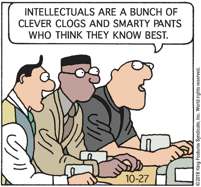 Rectangle OCR: INTELLECTUALS ARE A BUNCH OF CLEVER CLOGS AND SMARTY PANTS WHO THINK THEY KNOW BEST. 10-27 © 2018 King Features SyndicateInc. World rights reserved. INTELLECTUALS ARE A BUNCH OF CLEVER CLOGS AND SMARTY PANTS WHO THINK THEY KNOW BEST. 10-27 © 2018 King Features SyndicateInc. World rights reserved.