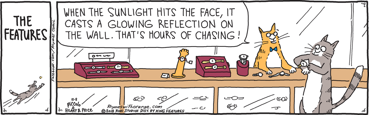 Animated cartoon OCR: THE FEATURES WHEN THE SUNLIGHT HITS THE FACEIT CASTS A GLOWING REFLECTION ON THE WALL. THAT'S HOURS OF CHASING! EA 10-8 CO piccolo a HILARY B. PRICe Rhymeswithorange.com 2018 RWo STUDIOS DIST. BY KING FEATURES THE FEATURES WHEN THE SUNLIGHT HITS THE FACEIT CASTS A GLOWING REFLECTION ON THE WALL. THAT'S HOURS OF CHASING! EA 10-8 CO piccolo a HILARY B. PRICe Rhymeswithorange.com 2018 RWo STUDIOS DIST. BY KING FEATURES