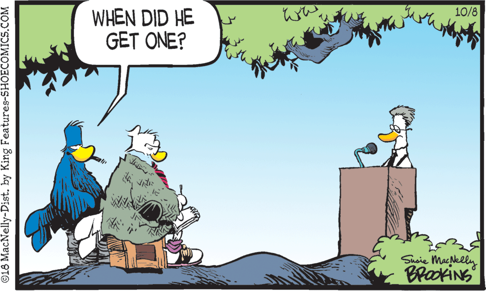 Comics OCR: 10/8 WHEN DID HE GET ONE? Susie Macelly BrookiNG ©18 MacNelly-Dist. by King Features-SHOECOMICS.COM 10/8 WHEN DID HE GET ONE? Susie Macelly BrookiNG ©18 MacNelly-Dist. by King Features-SHOECOMICS.COM