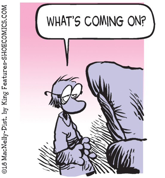Drawing OCR: WHAT'S COMING ON? ©18 MacNelly-Dist. by King Features-SHOECOMICS.COM WHAT'S COMING ON? ©18 MacNelly-Dist. by King Features-SHOECOMICS.COM