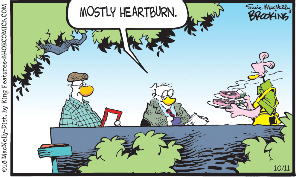 Comics OCR: MOSTLY HEARTBURN. Susie Macelly BrakiNs 10/11 ©18 MacNelly-Dist. by King Features-SHOECOMICS.COM MOSTLY HEARTBURN. Susie Macelly BrakiNs 10/11 ©18 MacNelly-Dist. by King Features-SHOECOMICS.COM