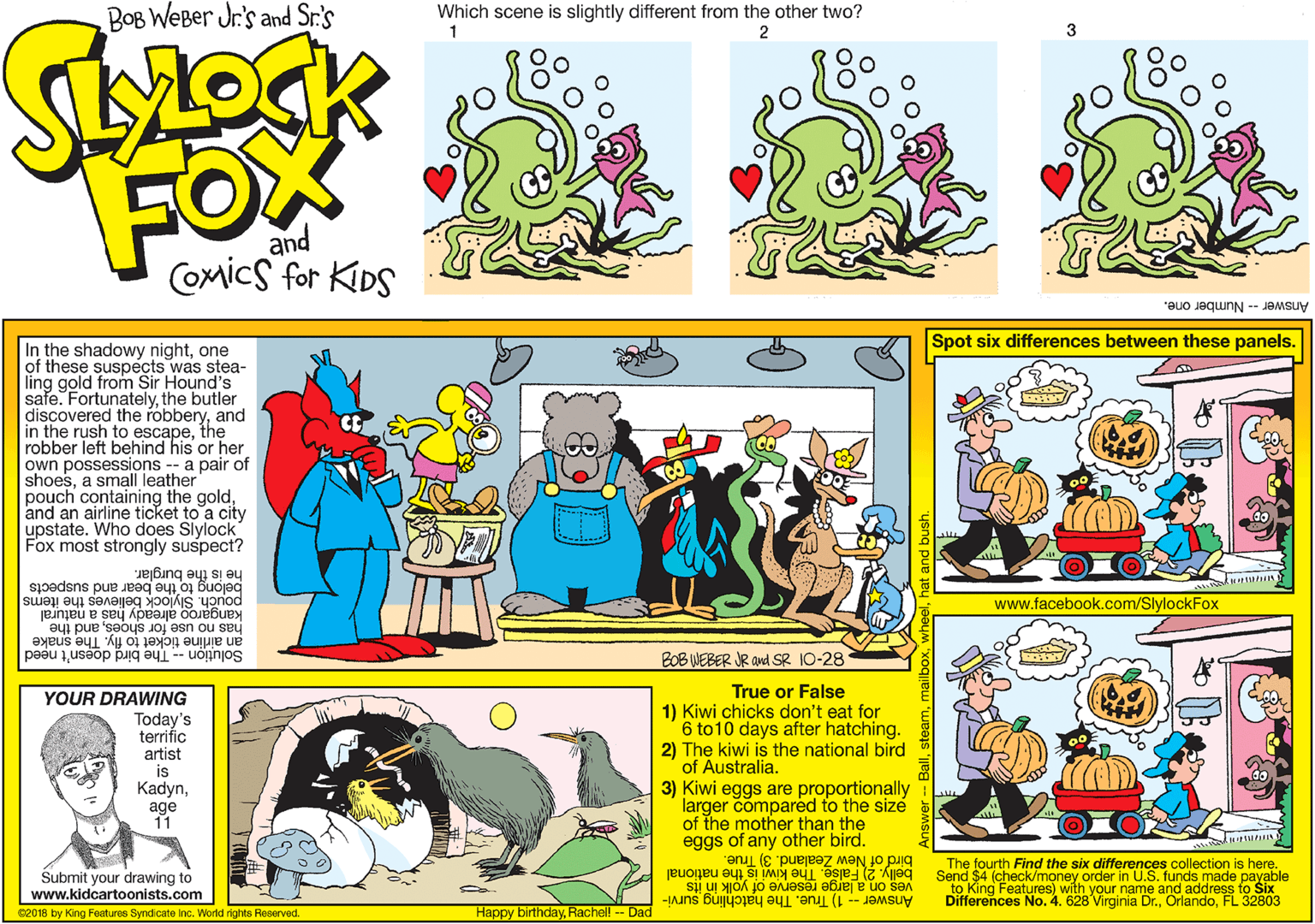 Publication OCR: BOB WeBer Jr's and Sr.'s Which scene is slightly different from the other two? 3 180 FOX and Comics for KDS Answer -- Number one. Spot six differences between these panels. In the shadowy nightone of these suspects was stea- ling gold from Sir Hound's safe. Fortunatelythe butler discovered the robberyand in the rush to escapethe robber left behind his or her own possessions -- a pair of shoesa small leather pouch containing the goldand an airline ticket to a city upstate. Who does Slylock Fox most strongly suspect? eburglar. he is t to the bear and suspects pouch. Slylock believes the items www.facebook.com/SlylockFox has no use for shoesand the an airline ticket to fly. The snake Solution The bird doesn't need kangaroo already has a natural BOB WEBER JR and SR 10-28 YOUR DRAWING Today's terrific artist is KadynTrue or False 1) Kiwi chicks don't eat for 6 to10 days after hatching. 2) The kiwi is the national bird of Australia. 3) Kiwi eggs are proportionally larger compared to the size of the mother than the eggs of any other bird. age 11 bird of New Zealand. 3) True. The fourth Find the six differences collection is here. Submit your drawing to www.kidcartoonists.com Send $4 (check/money order in U.S. funds made payable to King Features) with your name and address to Six Answer - 1) True. The hatchling survi- Differences No. 4. 628 Virginia Dr.FL 32803 belly. 2) False. The kiwi is the national ves on a large reserve of yolk in its 02018 by King Foatures Syndicate Inc. World rights Recerved. Happy birthdayRachel! -- Dac BOB WeBer Jr's and Sr.'s Which scene is slightly different from the other two? 3 180 FOX and Comics for KDS Answer -- Number one. Spot six differences between these panels. In the shadowy nightone of these suspects was stea- ling gold from Sir Hound's safe. Fortunatelythe butler discovered the robberyand in the rush to escapethe robber left behind his or her own possessions -- a pair of shoesa small leather pouch containing the goldand an airline ticket to a city upstate. Who does Slylock Fox most strongly suspect? eburglar. he is t to the bear and suspects pouch. Slylock believes the items www.facebook.com/SlylockFox has no use for shoesand the an airline ticket to fly. The snake Solution The bird doesn't need kangaroo already has a natural BOB WEBER JR and SR 10-28 YOUR DRAWING Today's terrific artist is KadynTrue or False 1) Kiwi chicks don't eat for 6 to10 days after hatching. 2) The kiwi is the national bird of Australia. 3) Kiwi eggs are proportionally larger compared to the size of the mother than the eggs of any other bird. age 11 bird of New Zealand. 3) True. The fourth Find the six differences collection is here. Submit your drawing to www.kidcartoonists.com Send $4 (check/money order in U.S. funds made payable to King Features) with your name and address to Six Answer - 1) True. The hatchling survi- Differences No. 4. 628 Virginia Dr.FL 32803 belly. 2) False. The kiwi is the national ves on a large reserve of yolk in its 02018 by King Foatures Syndicate Inc. World rights Recerved. Happy birthdayRachel! -- Dac