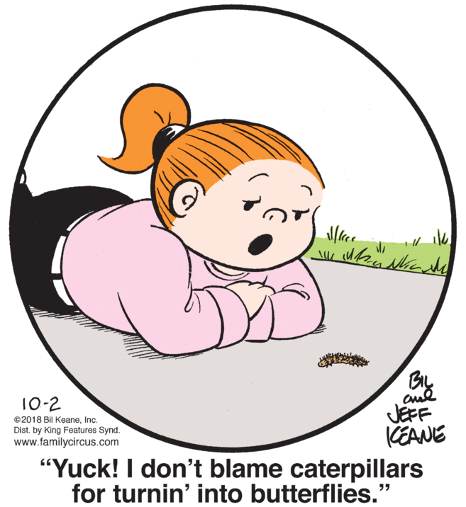Mammal OCR: By JEFF (EANE "Yuck! I don't blame caterpillars for turnin' into butterflies." 10-2 ©2018 Bil KeaneInc. Dist. by King Features Synd. www.familycircus.com By JEFF (EANE "Yuck! I don't blame caterpillars for turnin' into butterflies." 10-2 ©2018 Bil KeaneInc. Dist. by King Features Synd. www.familycircus.com