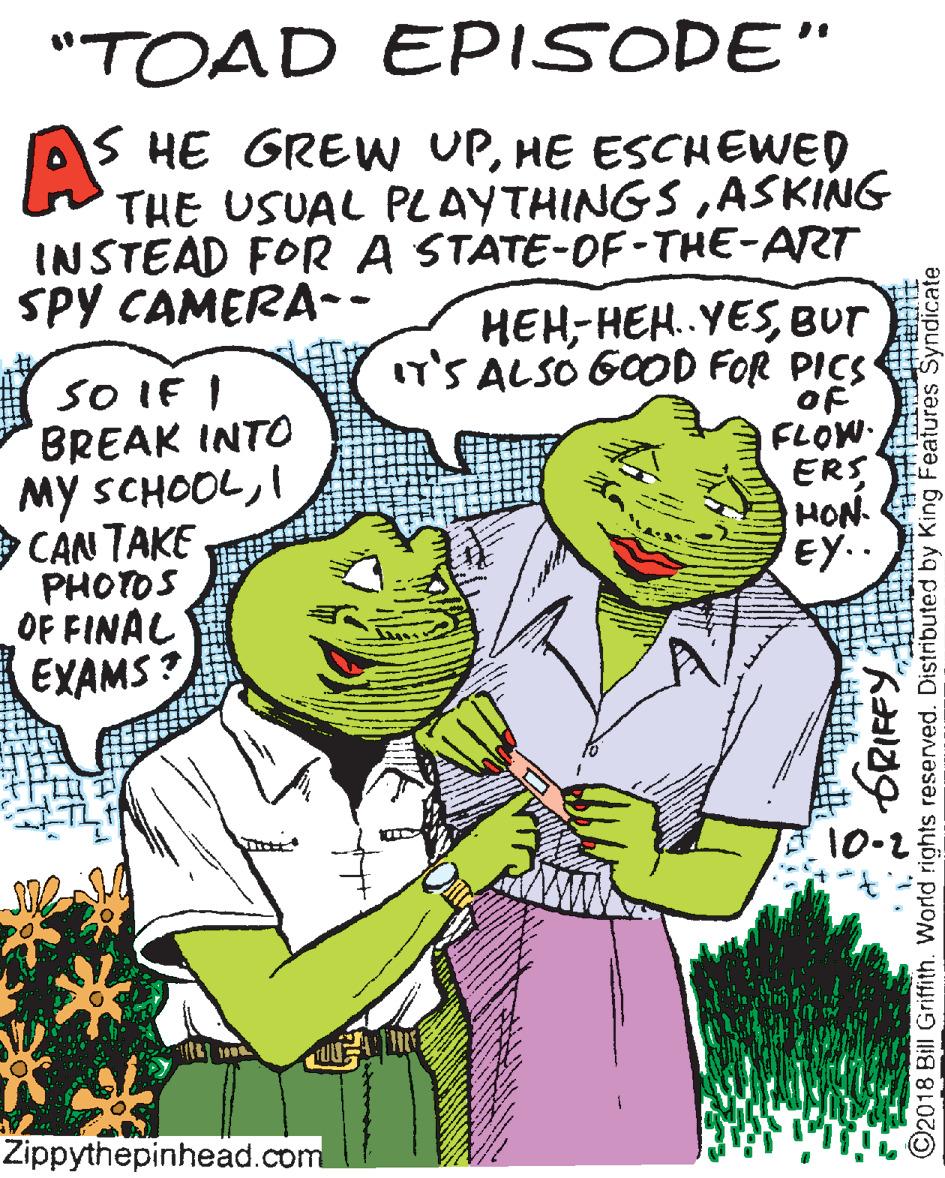 Mammal OCR: "TOAD EPISODE" S HE GREW UPHE ESCHEWwED THE USUAL PLAYTHINGSASKING INSTEAD FOR A STATE-OF-THE-ART SPY CAMERA-- A HEH-HEH.YESBUr IT'S ALSO GOOD FOR PICS SO IF I BREAK INTO My SCHOOLI C?N TAKE PHOTOS OF FINAL EXAMS? OF FLOW ERS HON. EY.. Zippythepinhead.com ©2018 Bill Griffith. World rights reserved. Distributed by King Features Syndicate "TOAD EPISODE" S HE GREW UPHE ESCHEWwED THE USUAL PLAYTHINGSASKING INSTEAD FOR A STATE-OF-THE-ART SPY CAMERA-- A HEH-HEH.YESBUr IT'S ALSO GOOD FOR PICS SO IF I BREAK INTO My SCHOOLI C?N TAKE PHOTOS OF FINAL EXAMS? OF FLOW ERS HON. EY.. Zippythepinhead.com ©2018 Bill Griffith. World rights reserved. Distributed by King Features Syndicate