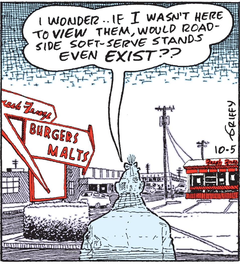 Drawing OCR: I WONDER ..IF I WASN'T HERE TO VIEW THEMWOULD ROAD- SIDE SOFT-SERVE STANDS EVEN EXIST?? resh Tang BURGERS MALTS 10-5 GRIEFY I WONDER ..IF I WASN'T HERE TO VIEW THEMWOULD ROAD- SIDE SOFT-SERVE STANDS EVEN EXIST?? resh Tang BURGERS MALTS 10-5 GRIEFY