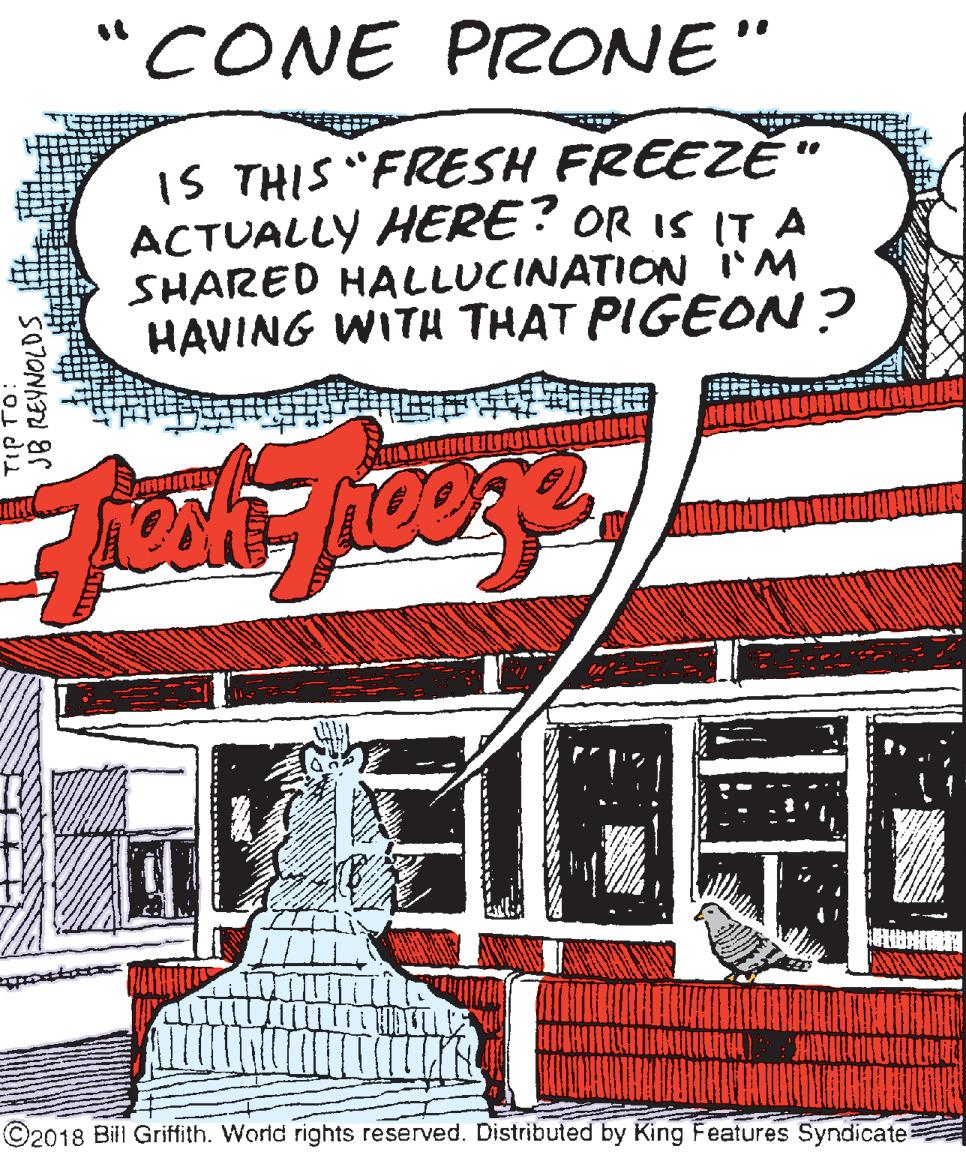 Illustration OCR: "CONE PRONE" IS THIS "FRESH FREEZE " ACTUALLY HERE? OR IS IT A SHARED HALLUCINATION i'M HAVING WITH THAT PIGEON? ©2018 Bill Griffith. World rights reserved. Distributed by King Features Syndicate "CONE PRONE" IS THIS "FRESH FREEZE " ACTUALLY HERE? OR IS IT A SHARED HALLUCINATION i'M HAVING WITH THAT PIGEON? ©2018 Bill Griffith. World rights reserved. Distributed by King Features Syndicate