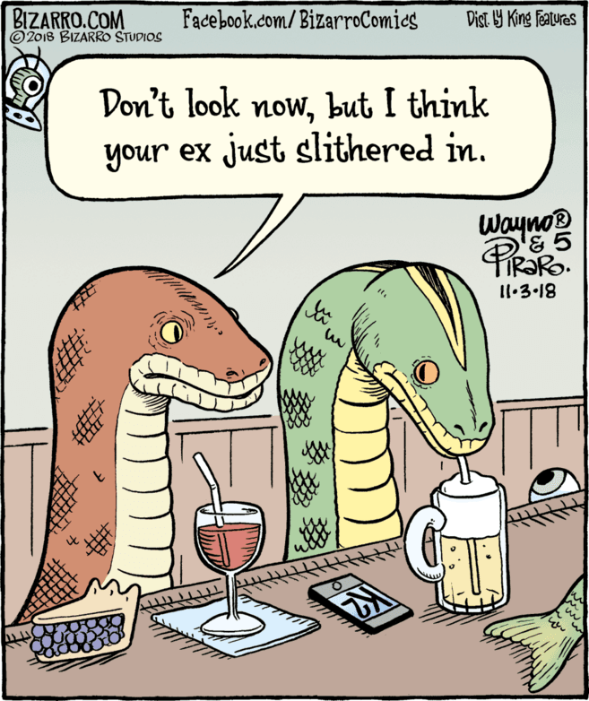 Tooth OCR: BIZARRO.COM © 2018 BIZARRO STUDIOS Facebook.com/BizarroComies Dist Y King Features Don't look nowbut I think your ex just slithered in. Wayno® & 5 ?? 11.3-18 in BIZARRO.COM © 2018 BIZARRO STUDIOS Facebook.com/BizarroComies Dist Y King Features Don't look nowbut I think your ex just slithered in. Wayno® & 5 ? ? 11.3-18 in