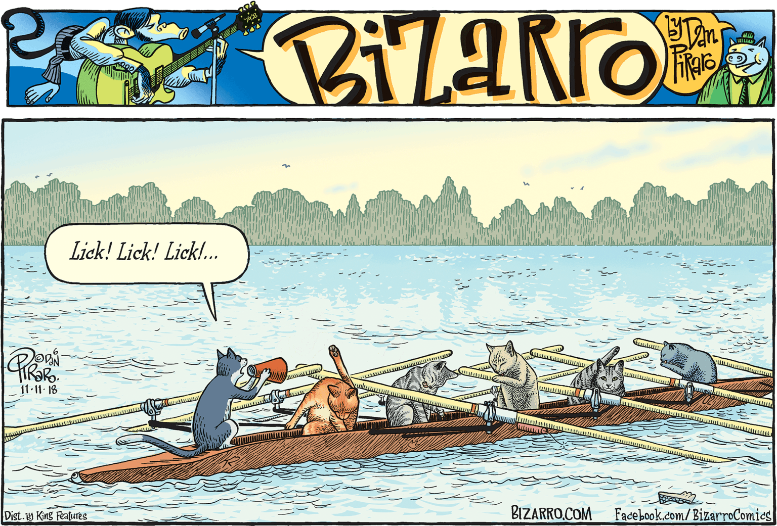 Water sport OCR: Lick! Lick! Lick!. PR 11-11 18 Dist. 1y King Features BIZARRO.COM Facebook.com/BizarroComics Lick! Lick! Lick!. PR 11-11 18 Dist. 1y King Features BIZARRO.COM Facebook.com/BizarroComics