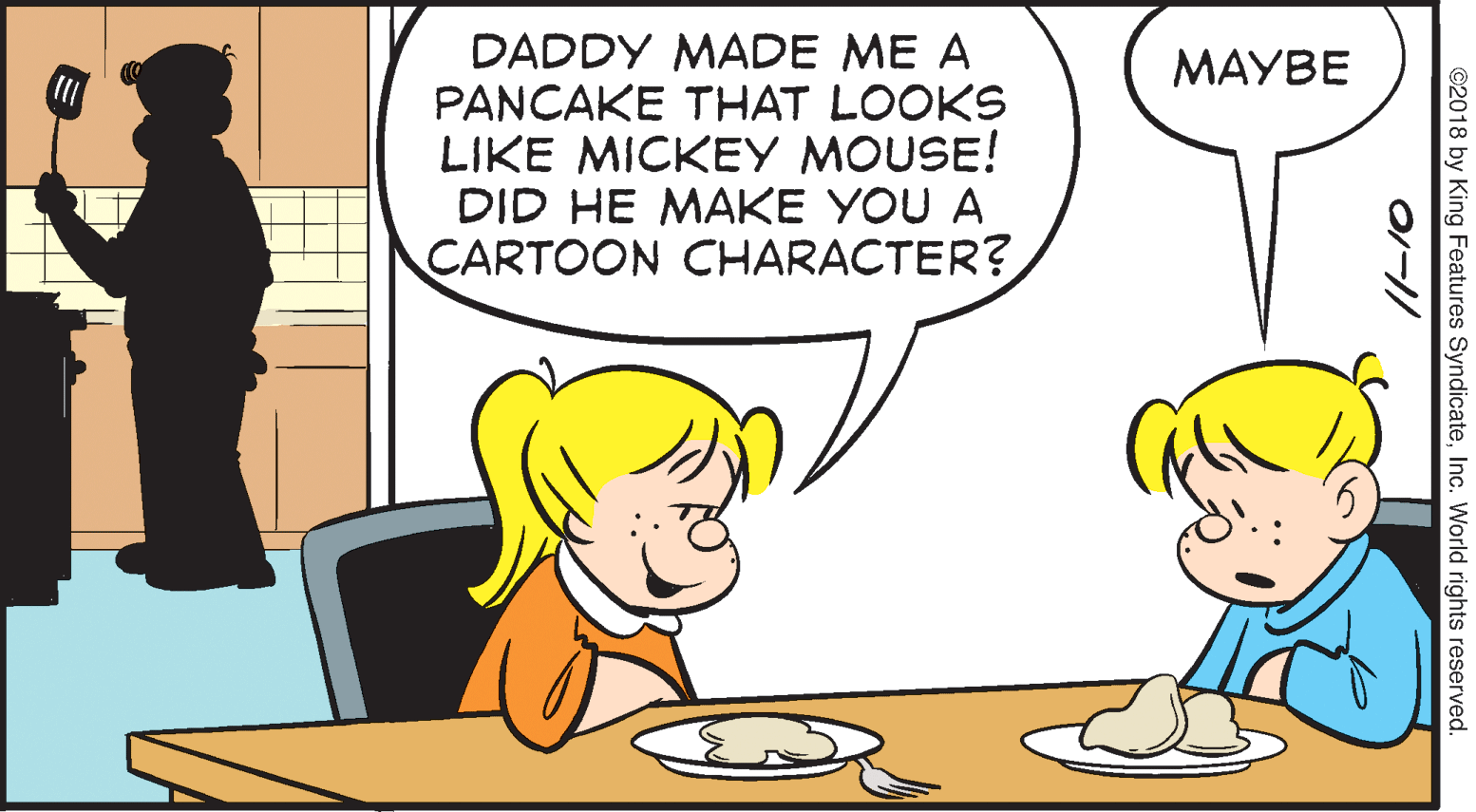 Font OCR: DADDY MADE ME A PANCAKE THAT LOOKS LIKE MICKEY MOUSE! DID HE MAKE YOU A CARTOON CHARACTER? ????? ©2018 by King Features SyndicateInc. World rights reserved. DADDY MADE ME A PANCAKE THAT LOOKS LIKE MICKEY MOUSE! DID HE MAKE YOU A CARTOON CHARACTER? ????? ©2018 by King Features SyndicateInc. World rights reserved.