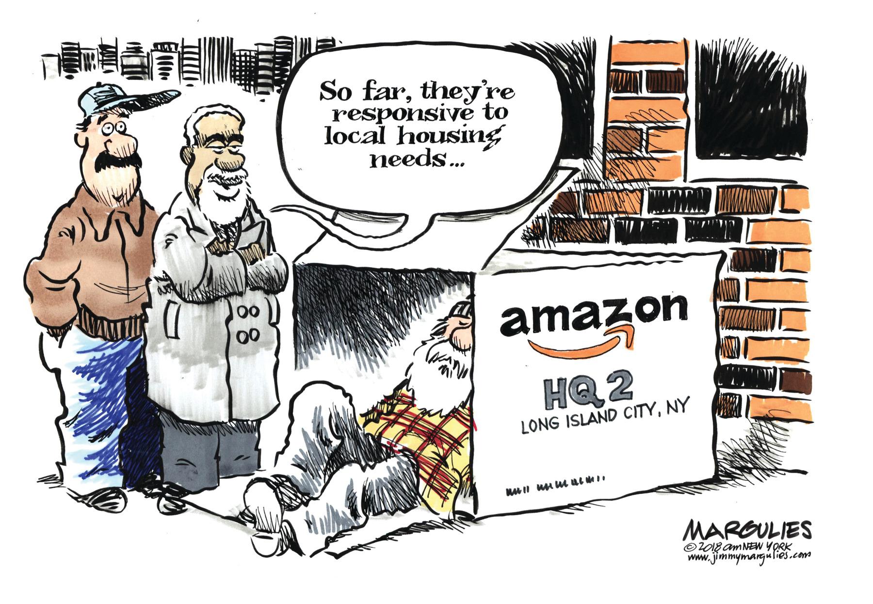 Graphics OCR: So farthey're responsive to local housing needs. 00 amazon 00 HQ2 LONG ISLAND CITYNY MARGULIES O2018 am NEW YORK www. jimmymargulies.com 88 So farthey're responsive to local housing needs. 00 amazon 00 HQ2 LONG ISLAND CITYNY MARGULIES O2018 am NEW YORK www. jimmymargulies.com 88