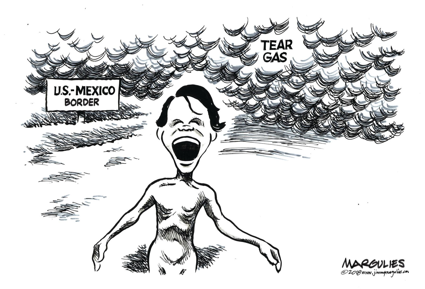 Drawing OCR: TEAR GAS U.S.-MEXICO BORDER MARGULIES OioBwww.jimmpnagulias com TEAR GAS U.S.-MEXICO BORDER MARGULIES OioBwww.jimmpnagulias com