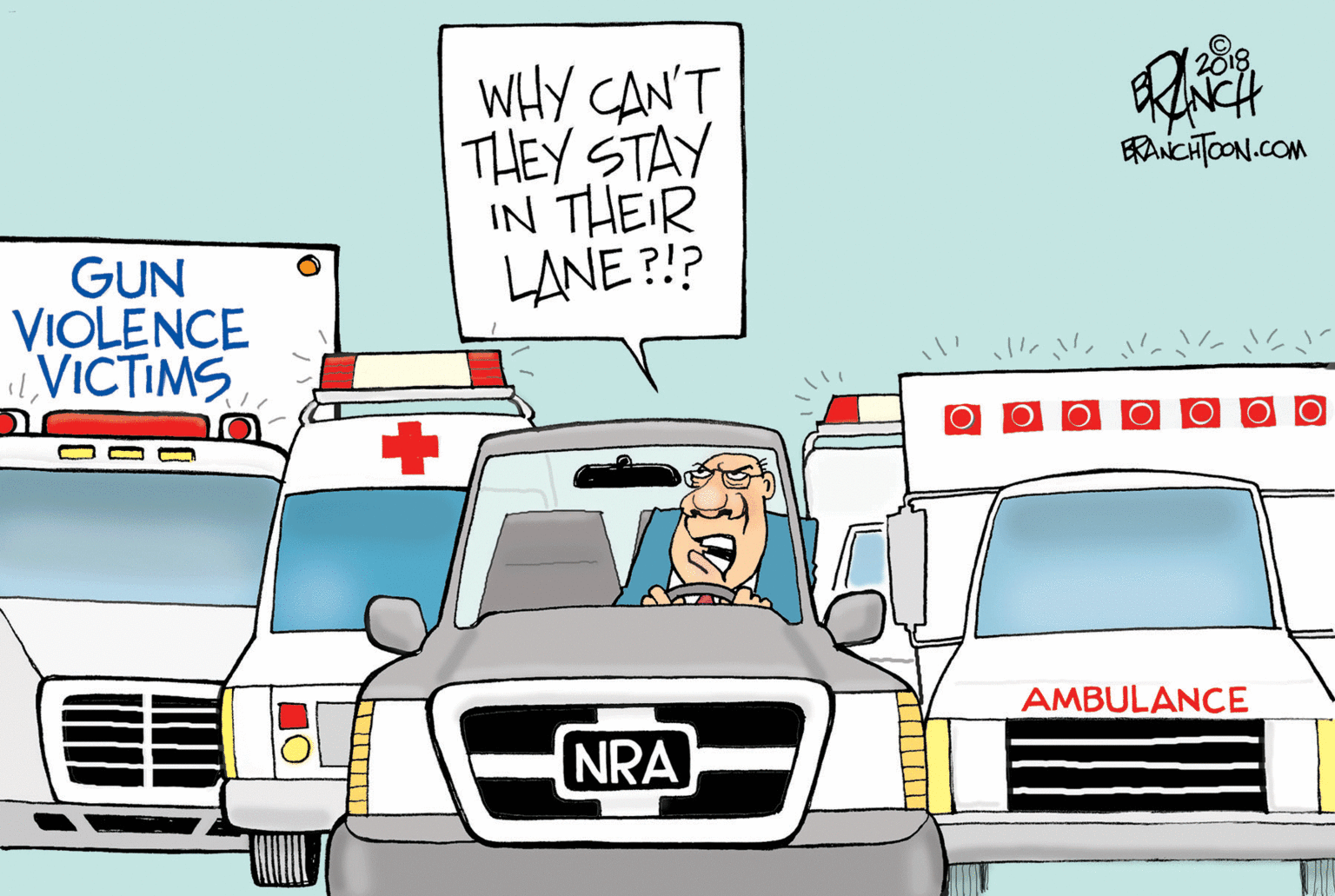 Automotive mirror OCR: WHY CAN'T THEY STAY IN THEIR LANE ?!? ERANCHTOON.COM GUN VIOLENCE VICTIMS AMBULANCE NRA WHY CAN'T THEY STAY IN THEIR LANE ?!? ERANCHTOON.COM GUN VIOLENCE VICTIMS AMBULANCE NRA