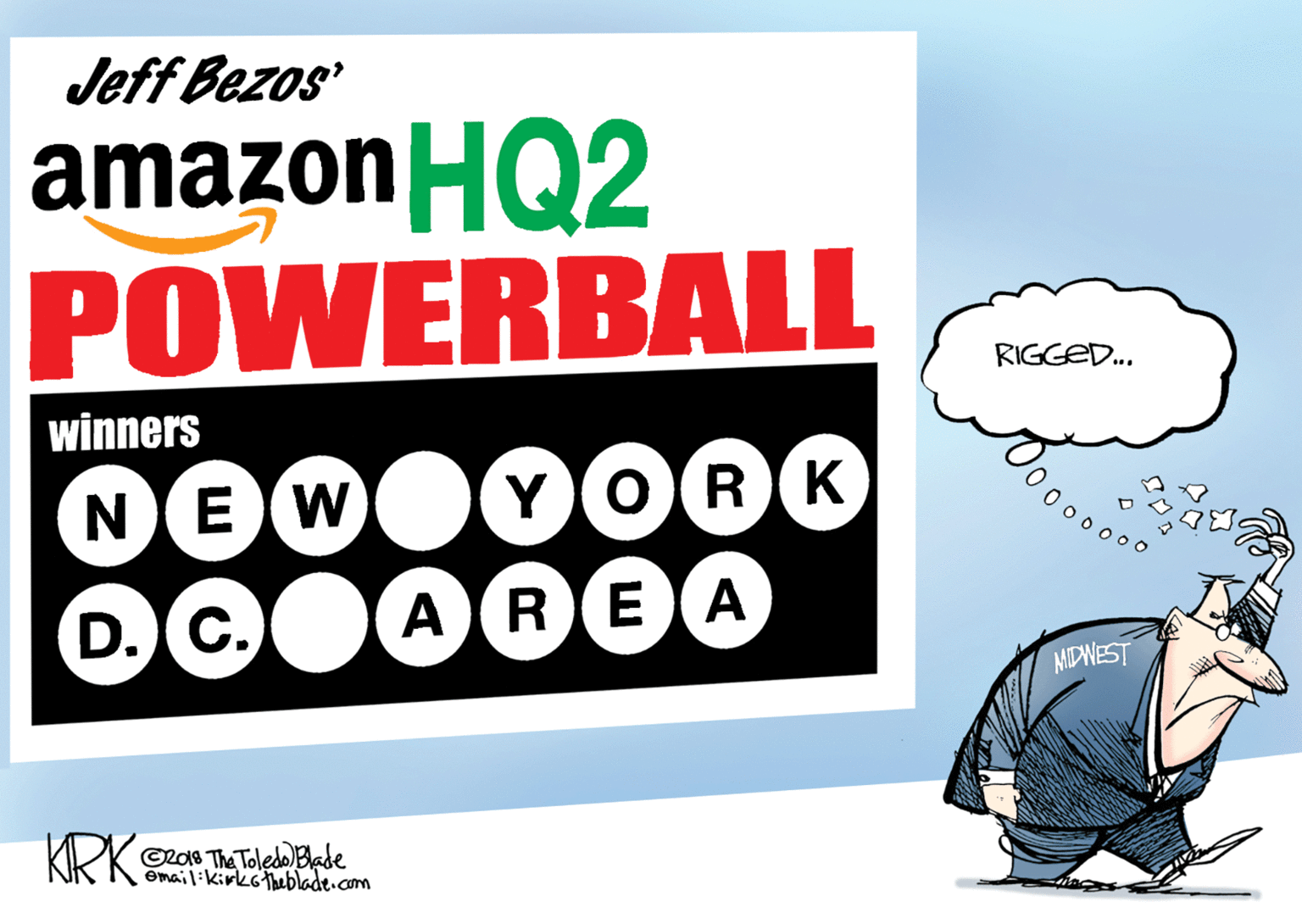 Graphics OCR: Jeff Bezos amazon HQ2 POWERBALL RIGGED. winners NEW YORK D. c. AREA MIDNEST KRK ©L08 The Toledo Blade Omail:kirkstheblade.com Jeff Bezos amazon HQ2 POWERBALL RIGGED. winners NEW YORK D. c. AREA MIDNEST KRK ©L08 The Toledo Blade Omail:kirkstheblade.com