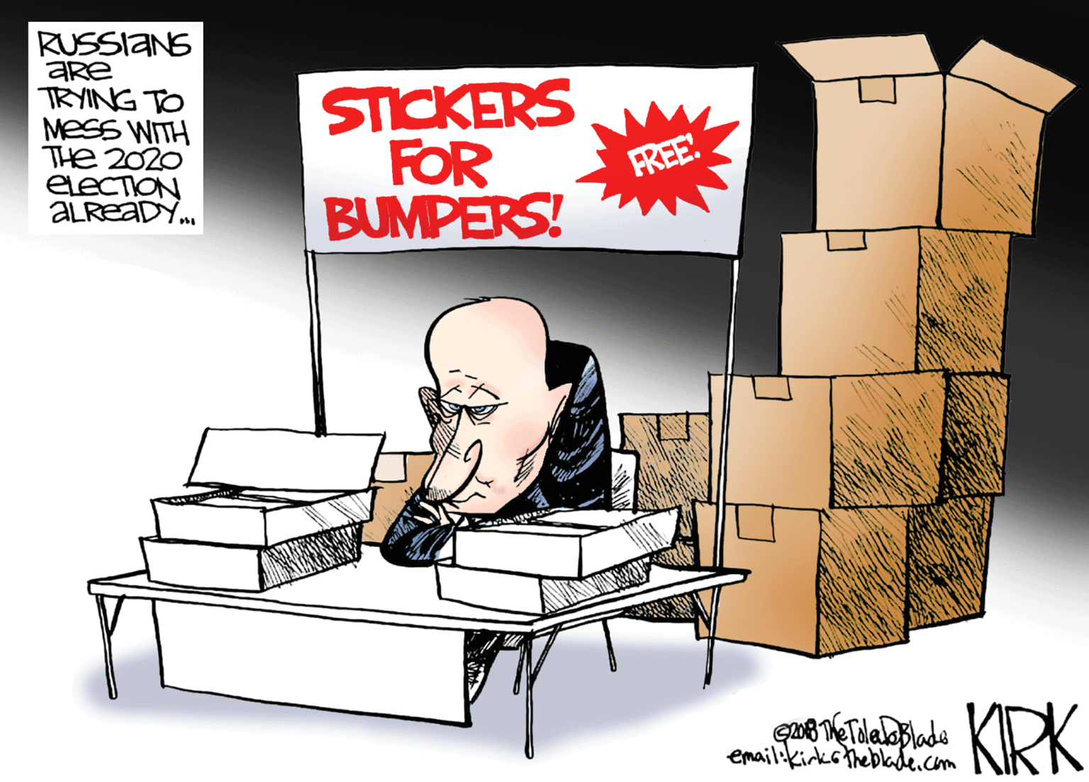 Graphics OCR: RUSSIANS ARe TRYING TO Mess WITH THe 2020 ELECTION ALREADY. STICKERS FOR BUMPERS! FREE! KRK email:kirkstheblae.com RUSSIANS ARe TRYING TO Mess WITH THe 2020 ELECTION ALREADY. STICKERS FOR BUMPERS! FREE! KRK email:kirkstheblae.com