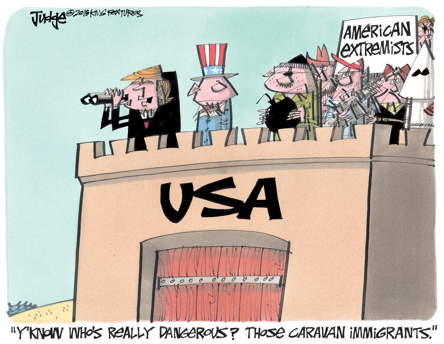 Paper product OCR: 2018KING FEXTURES AMERICAN MexTReMiSTS USA "Y'KINON WHOS REALLY DANGEROUS? THOSE CARAVAN IMMIGRANTS." 2018KING FEXTURES AMERICAN MexTReMiSTS USA "Y'KINON WHOS REALLY DANGEROUS? THOSE CARAVAN IMMIGRANTS."
