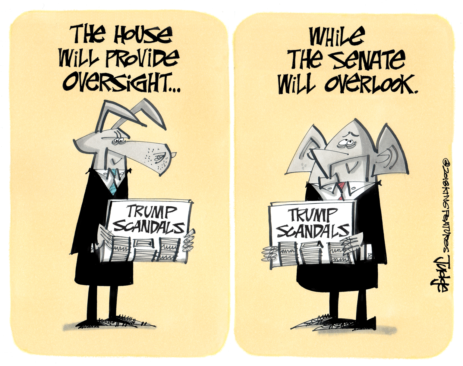 Humour OCR: THE HOUSE WILL PROVIDE OVERSIGHT. WHILE THe SENATE WIll OVERLOOK. TRUMP SCANDALS TRUMP SCANDÁLS THE HOUSE WILL PROVIDE OVERSIGHT. WHILE THe SENATE WIll OVERLOOK. TRUMP SCANDALS TRUMP SCANDÁLS