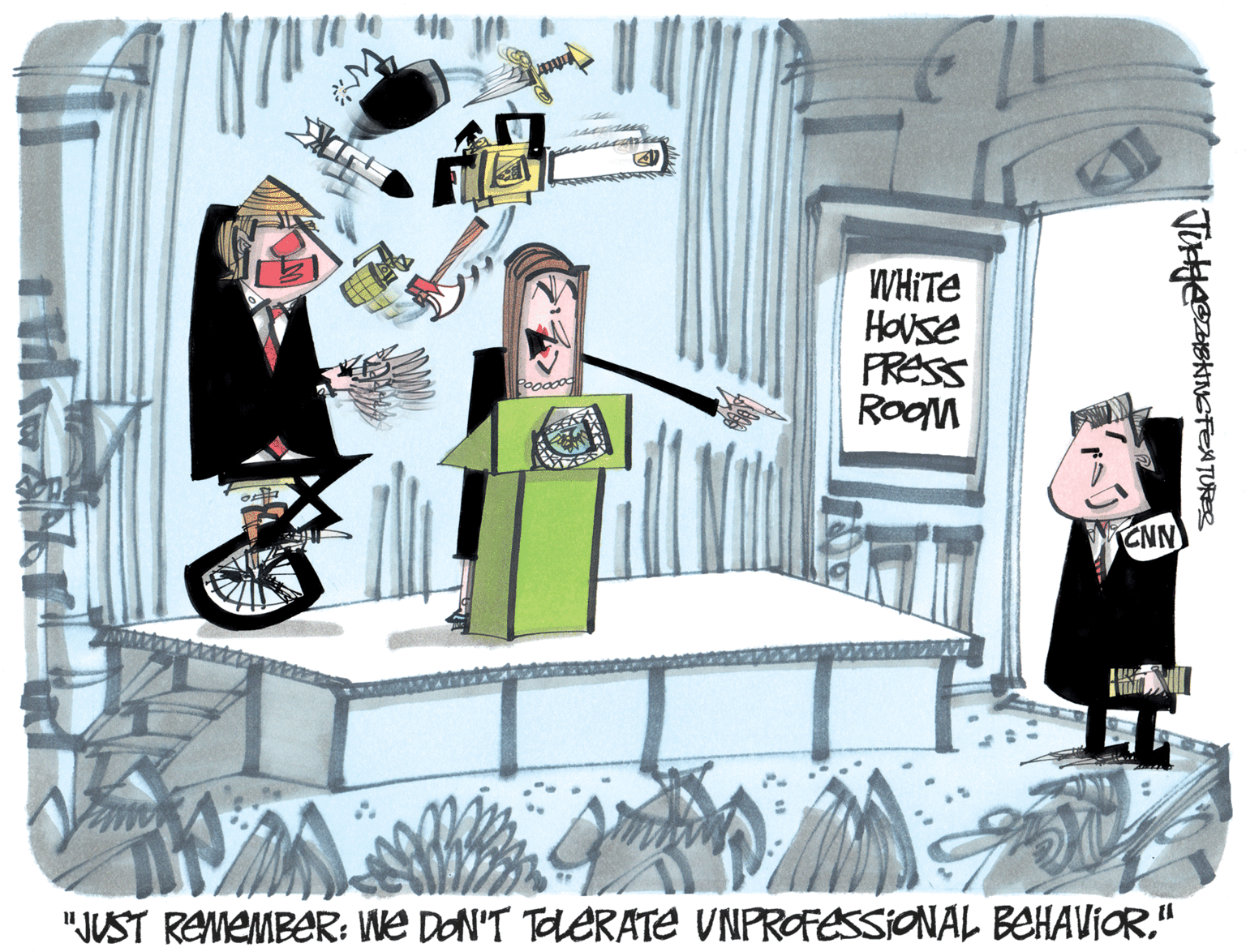 Humour OCR: WHITE HOUse FRESS RogM CNN "JUST REMEMBER: We DON'T TAERATE VNPROFESSIONAL BEHAVIOR" WHITE HOUse FRESS RogM CNN "JUST REMEMBER: We DON'T TAERATE VNPROFESSIONAL BEHAVIOR
