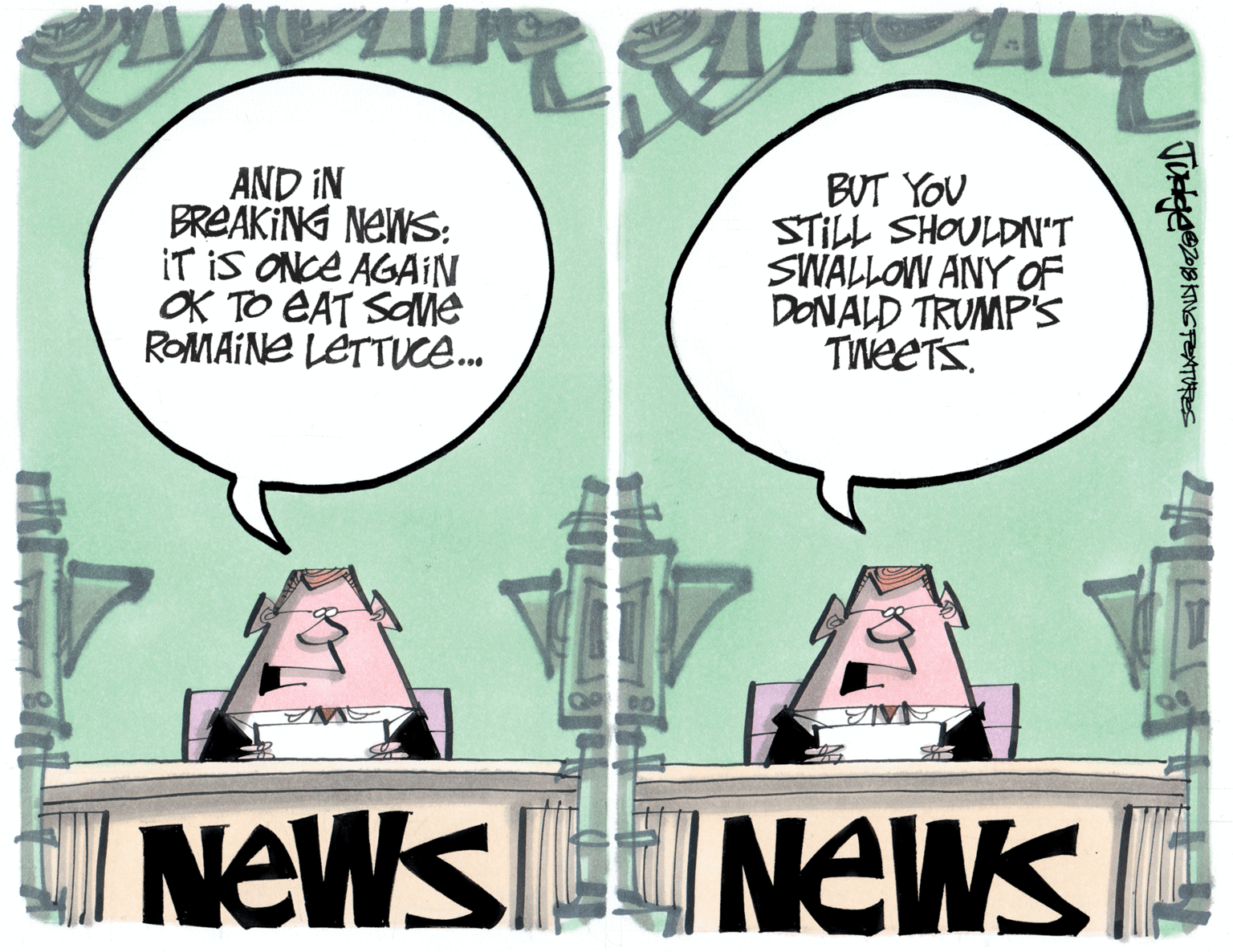 Poster OCR: AND IN BREAKING NEWS: IT IS ONCE AGAIN OK TO EAT SdMe ROMAINE LETTUCE. BUT YOU STILL SHOULDI'T SWALLOW ANY OF DONALD TRUMP's TWEETS. NeWs NEWK AND IN BREAKING NEWS: IT IS ONCE AGAIN OK TO EAT SdMe ROMAINE LETTUCE. BUT YOU STILL SHOULDI'T SWALLOW ANY OF DONALD TRUMP's TWEETS. NeWs NEWK