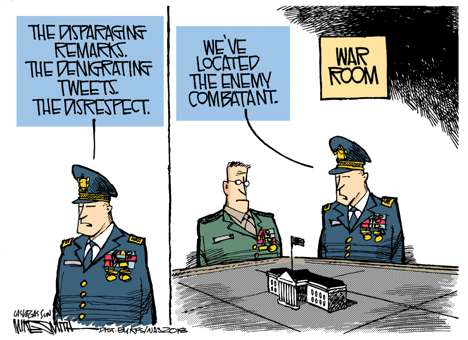 Police officer OCR: THE DISPARAGING REMARKS. THE DENIGRATING TWEETS. THE DISRESPECT. WE VE LOCATED THE ENEMY COMBATANT. WAR ROOM LASVEGAS SUN THE DISPARAGING REMARKS. THE DENIGRATING TWEETS. THE DISRESPECT. WE VE LOCATED THE ENEMY COMBATANT. WAR ROOM LASVEGAS SUN