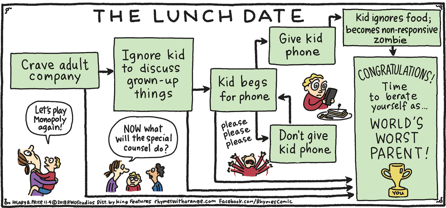 Pleased OCR: THE LUNCH DATE Give kid phone Kid ignores food; becomes non-responsive zombie FRESH Rhymes Ignore kid Crave adult company to discuss grown-up things Kid begs for phone CONGRATULATIONS with Orange Time to berate yourself as. WORLD'S WORST PARENT! Let's play Monopoly again!" NOW what will the special counsel do? please please please Don't give kid phone HIL ARY B. PRIce You B HILARY 6. PRIcei140201S AWoftudios Dist. by king Features rhymeswitherange.com Facebook.com/RhymesComic THE LUNCH DATE Give kid phone Kid ignores food; becomes non-responsive zombie FRESH Rhymes Ignore kid Crave adult company to discuss grown-up things Kid begs for phone CONGRATULATIONS with Orange Time to berate yourself as. WORLD'S WORST PARENT! Let's play Monopoly again!" NOW what will the special counsel do? please please please Don't give kid phone HIL ARY B. PRIce You B HILARY 6. PRIcei140201S AWoftudios Dist. by king Features rhymeswitherange.com Facebook.com/RhymesComic