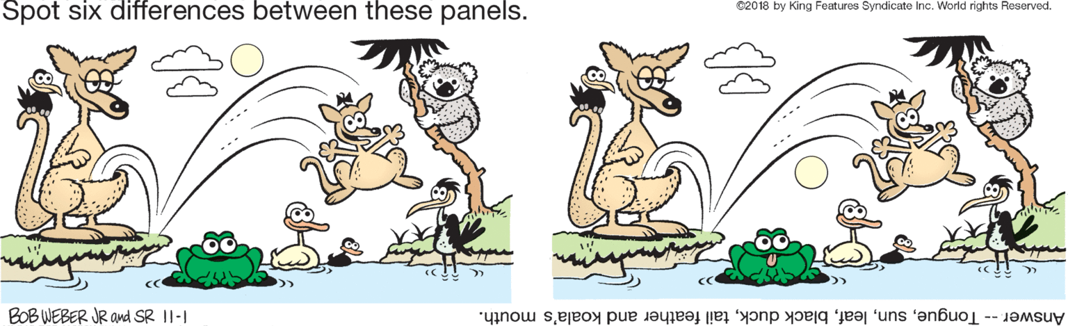 Fictional character OCR: Spot six differences between these panels. ©2018 by King Features Syndicate Inc. World rights Reserved. BOB WEBER JR awd SR 1I-1 Answer -- Tonguetail feather and koala's mouth. Spot six differences between these panels. ©2018 by King Features Syndicate Inc. World rights Reserved. BOB WEBER JR awd SR 1I-1 Answer -- Tongueblack ducktail feather and koala's mouth.