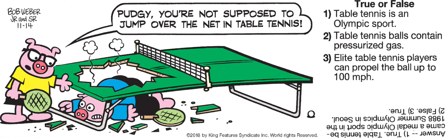 Square OCR: True or False 1) Table tennis is an Olympic sport. 2) Table tennis balls contain pressurized gas. 3) Elite table tennis players can propel the ball up to 100 mph. BOB WEBER JR and SR II-14 PUDGYYOU'RE NOT SUPPOSED TO JUMP OVER THE NET IN TABLE TENNIS! 2) False. 3) True. 1988 Summer Olympics in Seoul. came a medal Olympic sport in the Answer -- 1) True. Table tennis be- ©2018 by King Features Syndicate Inc. World rights Reserved. True or False 1) Table tennis is an Olympic sport. 2) Table tennis balls contain pressurized gas. 3) Elite table tennis players can propel the ball up to 100 mph. BOB WEBER JR and SR II-14 PUDGYYOU'RE NOT SUPPOSED TO JUMP OVER THE NET IN TABLE TENNIS! 2) False. 3) True. 1988 Summer Olympics in Seoul. came a medal Olympic sport in the Answer -- 1) True. Table tennis be- ©2018 by King Features Syndicate Inc. World rights Reserved.
